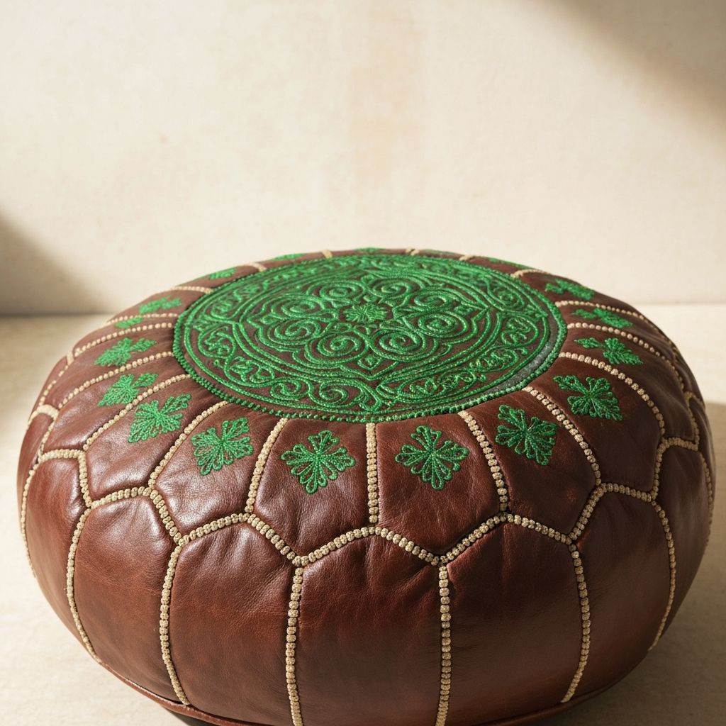 Moroccan Leather Pouf - Crocodile Green